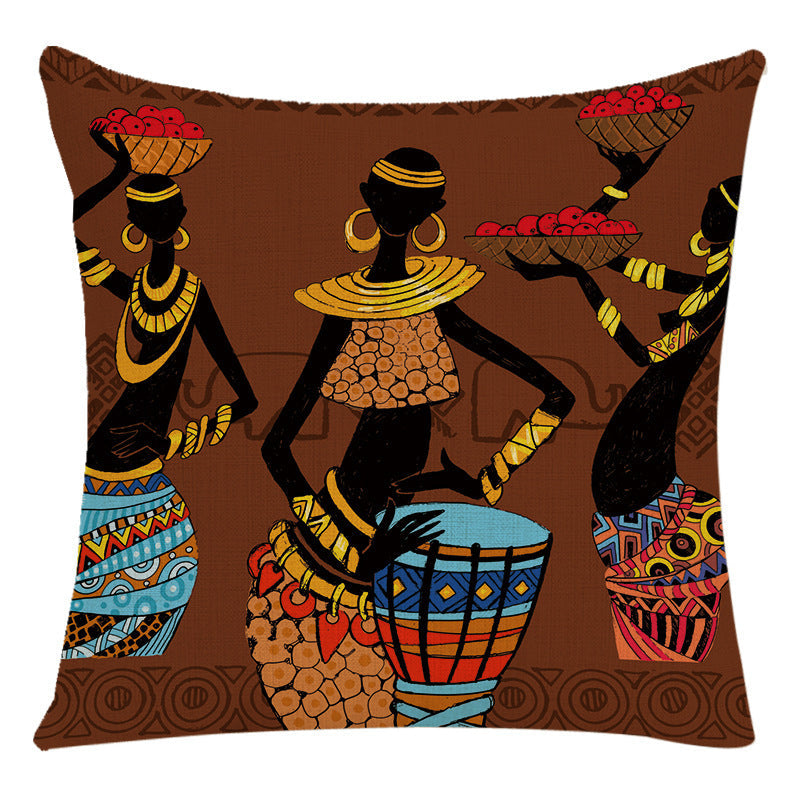 HKM-228307 African Woman National Style Cushion Cover for Living Room and Bedroom - Linen & PP Cotton, 45x45cm