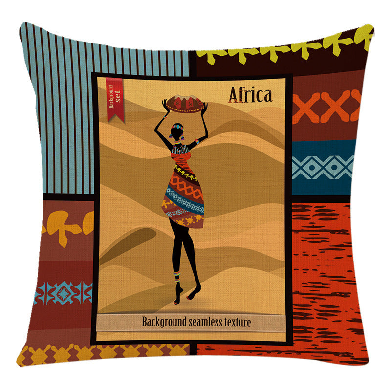 HKM-228307 African Woman National Style Cushion Cover for Living Room and Bedroom - Linen & PP Cotton, 45x45cm