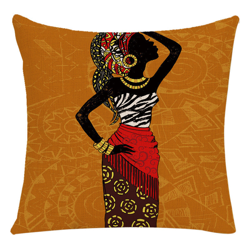 HKM-228307 African Woman National Style Cushion Cover for Living Room and Bedroom - Linen & PP Cotton, 45x45cm
