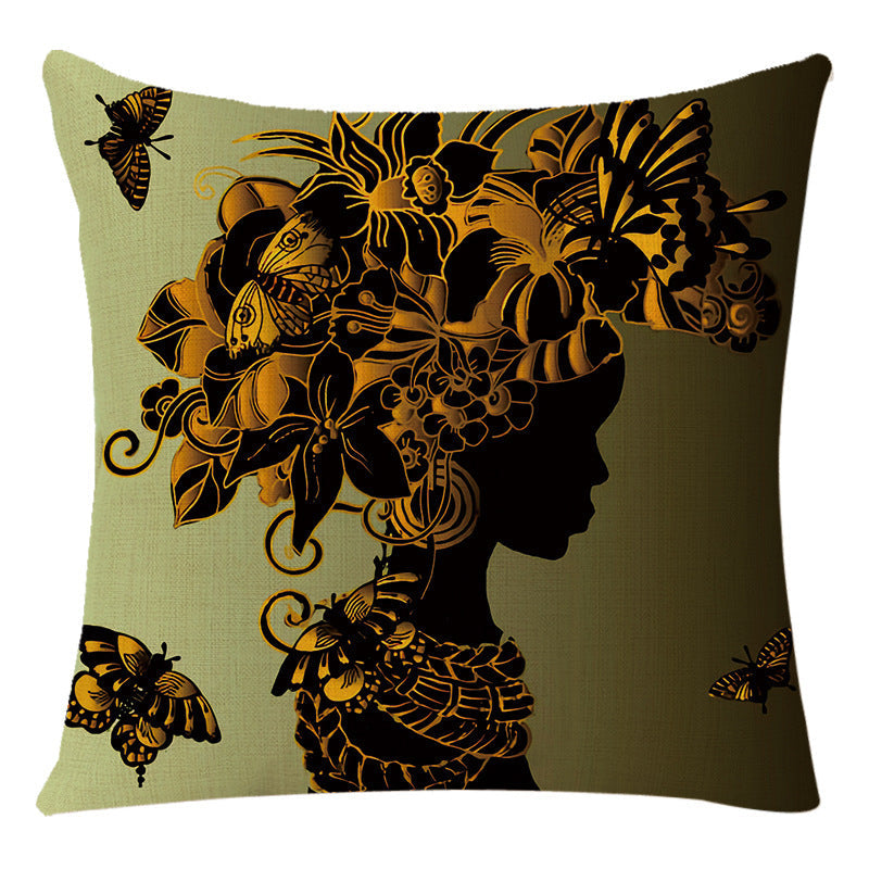 HKM-228307 African Woman National Style Cushion Cover for Living Room and Bedroom - Linen & PP Cotton, 45x45cm