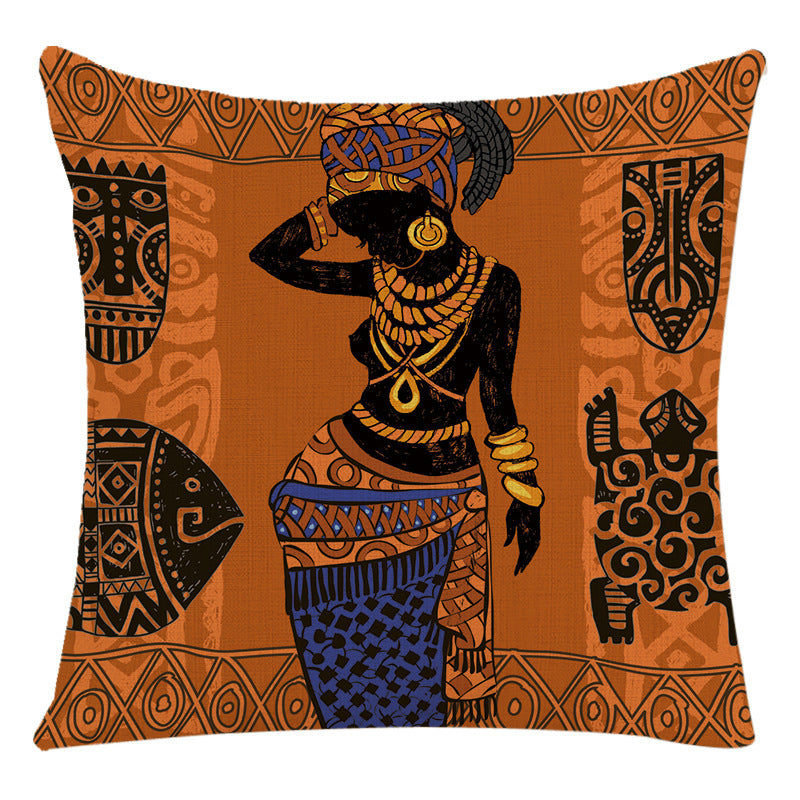 HKM-228307 African Woman National Style Cushion Cover for Living Room and Bedroom - Linen & PP Cotton, 45x45cm