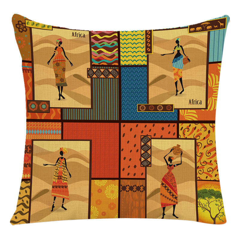 HKM-228307 African Woman National Style Cushion Cover for Living Room and Bedroom - Linen & PP Cotton, 45x45cm