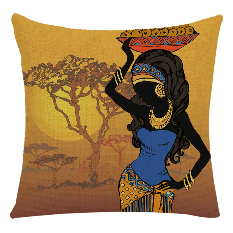 HKM-228307 African Woman National Style Cushion Cover for Living Room and Bedroom - Linen & PP Cotton, 45x45cm
