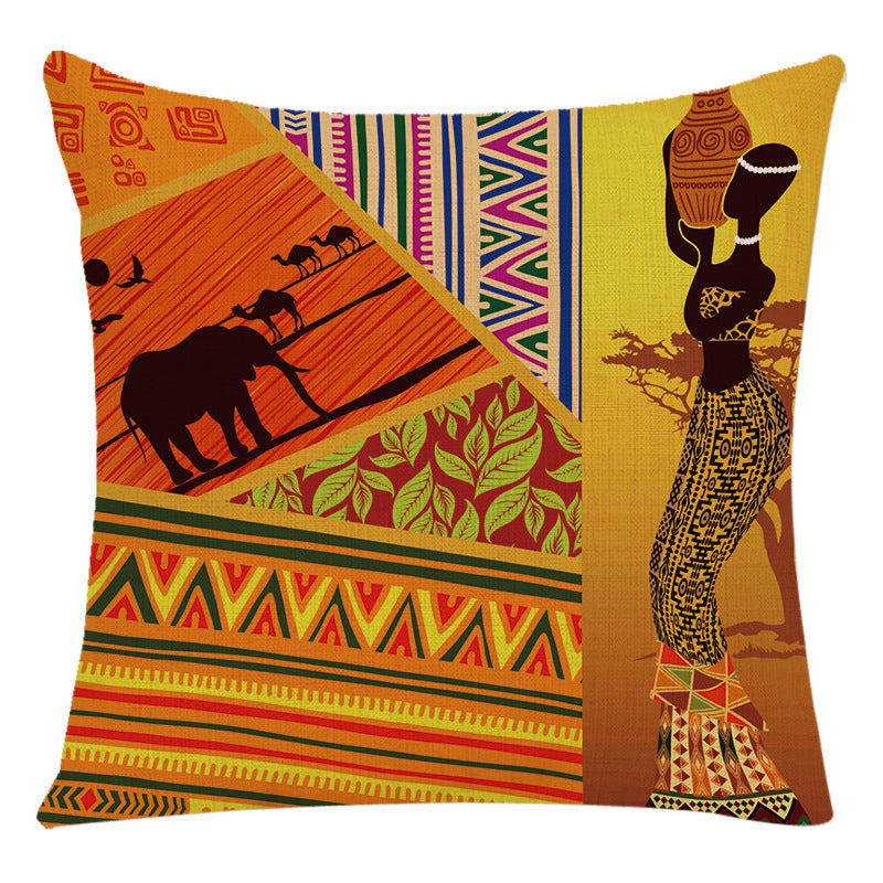 HKM-228307 African Woman National Style Cushion Cover for Living Room and Bedroom - Linen & PP Cotton, 45x45cm