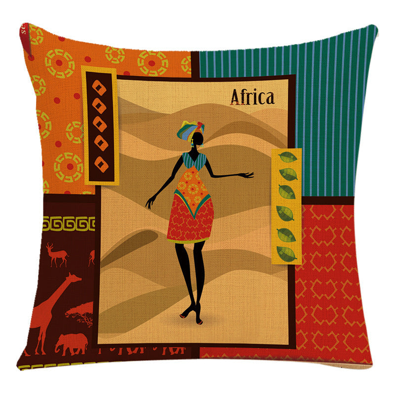 HKM-228307 African Woman National Style Cushion Cover for Living Room and Bedroom - Linen & PP Cotton, 45x45cm