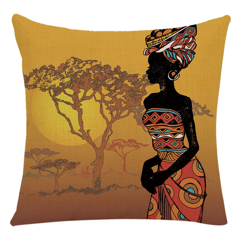 HKM-228307 African Woman National Style Cushion Cover for Living Room and Bedroom - Linen & PP Cotton, 45x45cm
