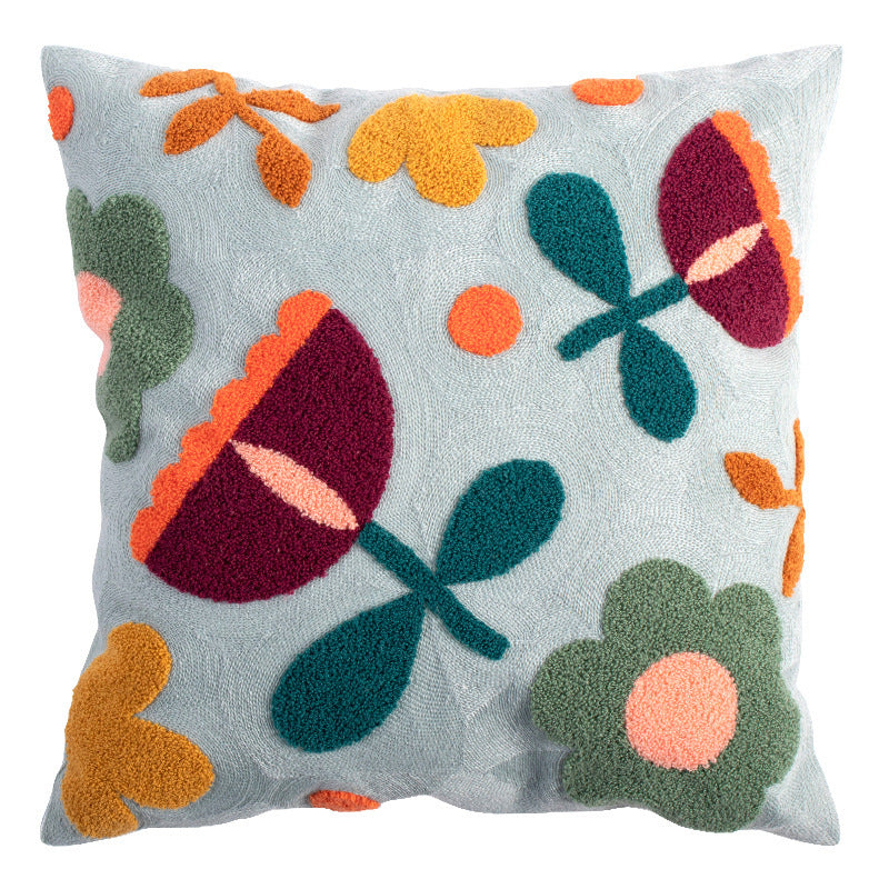 HKM-229395 Cotton Embroidery Blue Pillowcase Featuring Spring Flower and Plant Designs
