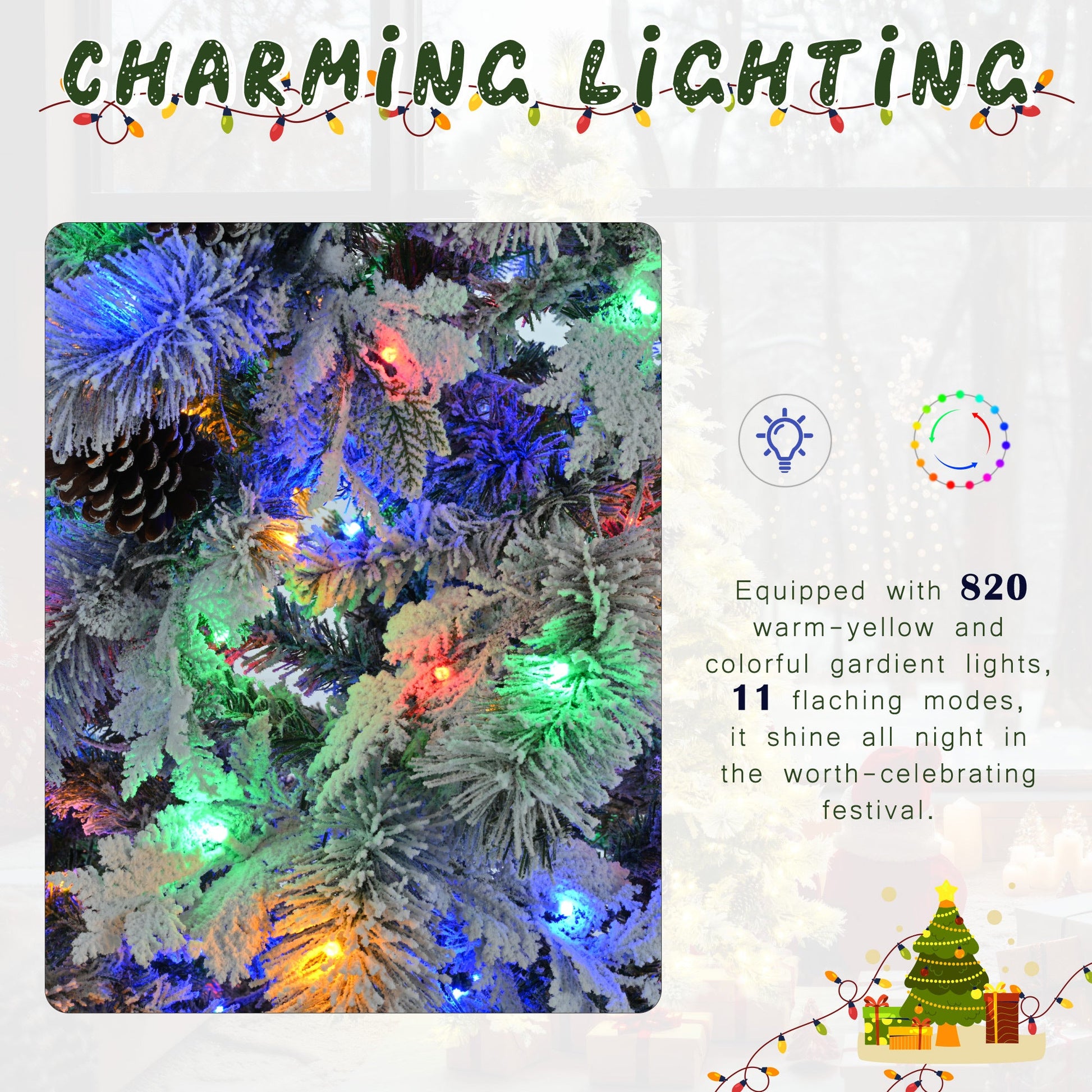 HKM-229459 6-Foot Snow-Covered Spruce Christmas Tree with 250 Pre-Installed LED Lights and Pine Cones