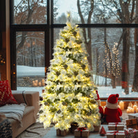 HKM-229459 6-Foot Snow-Covered Spruce Christmas Tree with 250 Pre-Installed LED Lights and Pine Cones