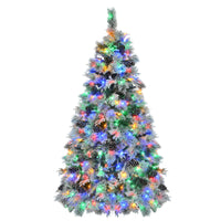 HKM-229459 6-Foot Snow-Covered Spruce Christmas Tree with 250 Pre-Installed LED Lights and Pine Cones