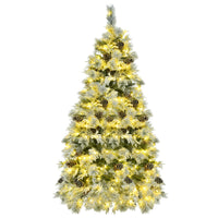 HKM-229459 6-Foot Snow-Covered Spruce Christmas Tree with 250 Pre-Installed LED Lights and Pine Cones