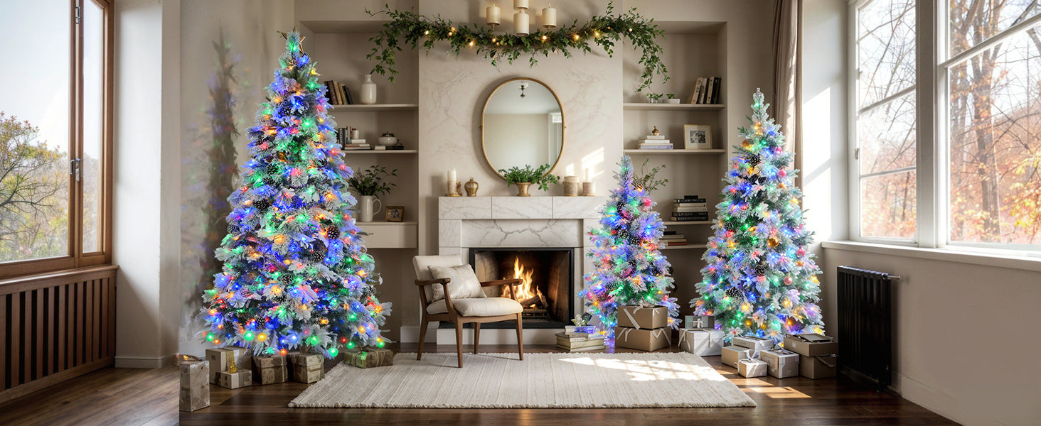 HKM-229459 6-Foot Snow-Covered Spruce Christmas Tree with 250 Pre-Installed LED Lights and Pine Cones