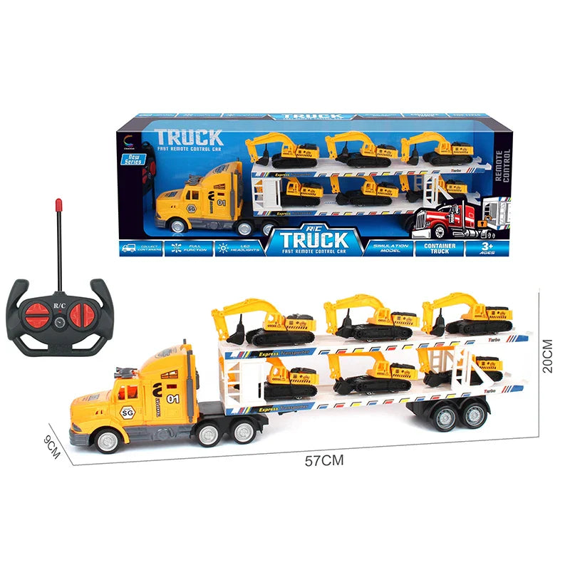 HKM-229587 Double Decker RC Container Truck Toy with 6 Inertial Vehicles - 4CH Remote Control Car for Ages 5 and Up