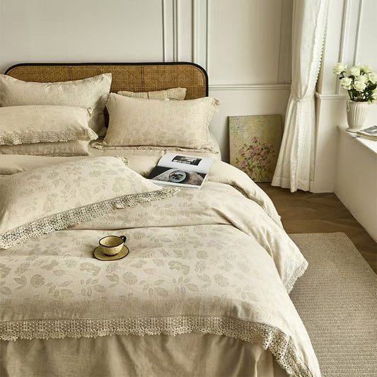 HKM-230163 Cotton Linen Jacquard Yarn-Dyed Four-Piece Bed Sheet Set for Double Beds