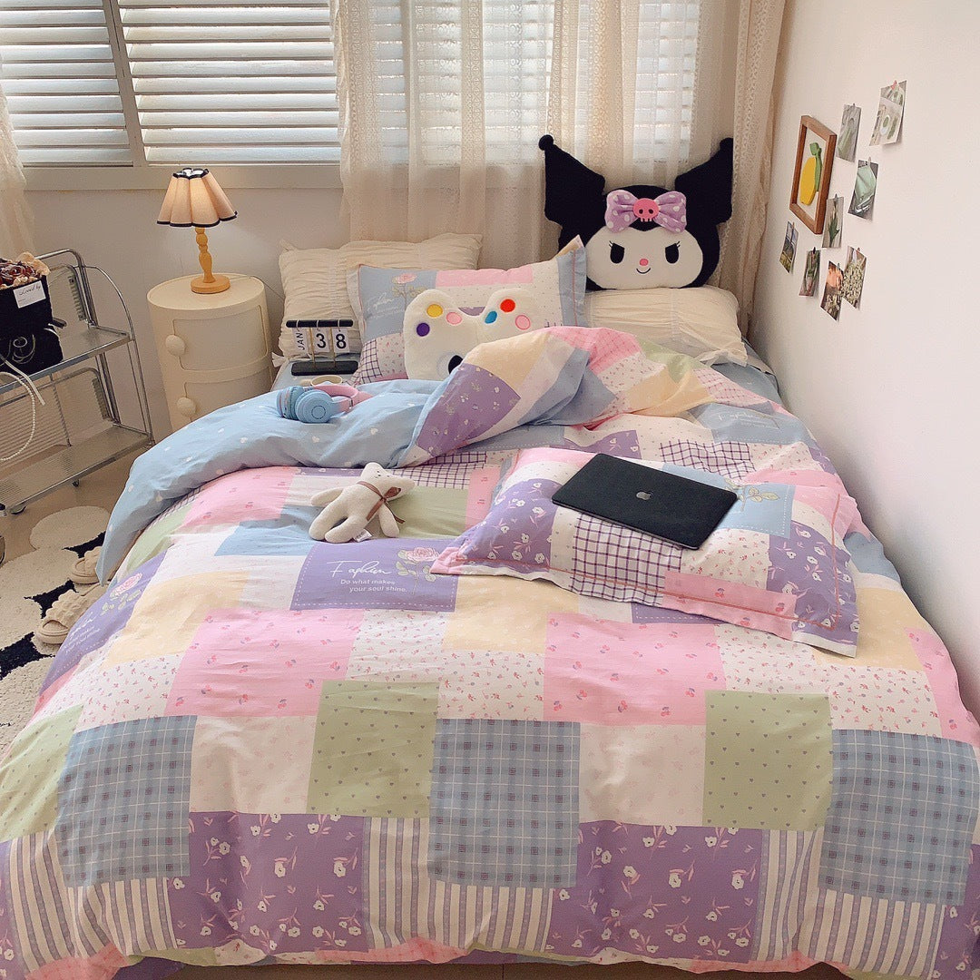 HKM-231315 Cotton Four-Piece Bed Set with Simple Print Design - Duvet Cover, Bed Sheet, and Pillowcases