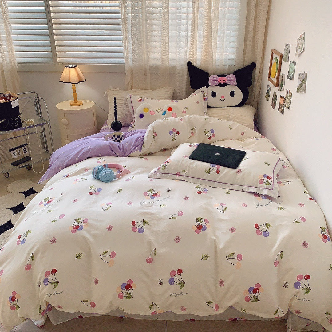 HKM-231315 Cotton Four-Piece Bed Set with Simple Print Design - Duvet Cover, Bed Sheet, and Pillowcases