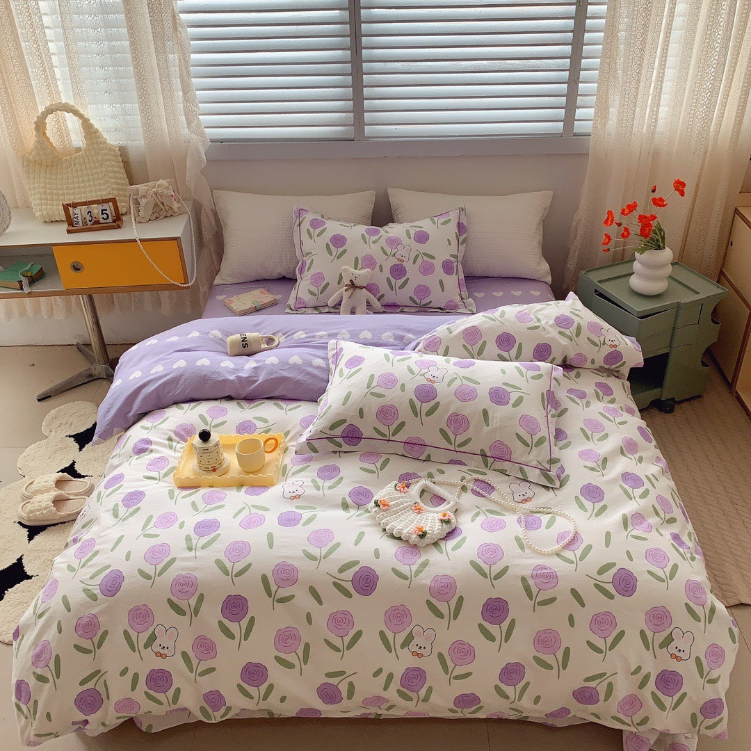 HKM-231315 Cotton Four-Piece Bed Set with Simple Print Design - Duvet Cover, Bed Sheet, and Pillowcases