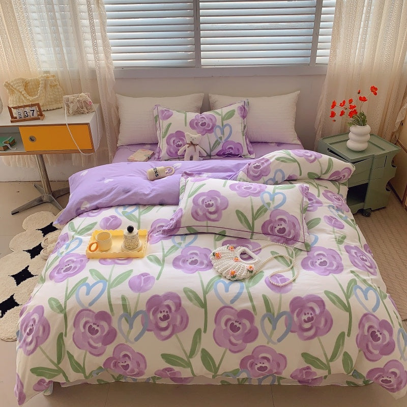 HKM-231315 Cotton Four-Piece Bed Set with Simple Print Design - Duvet Cover, Bed Sheet, and Pillowcases