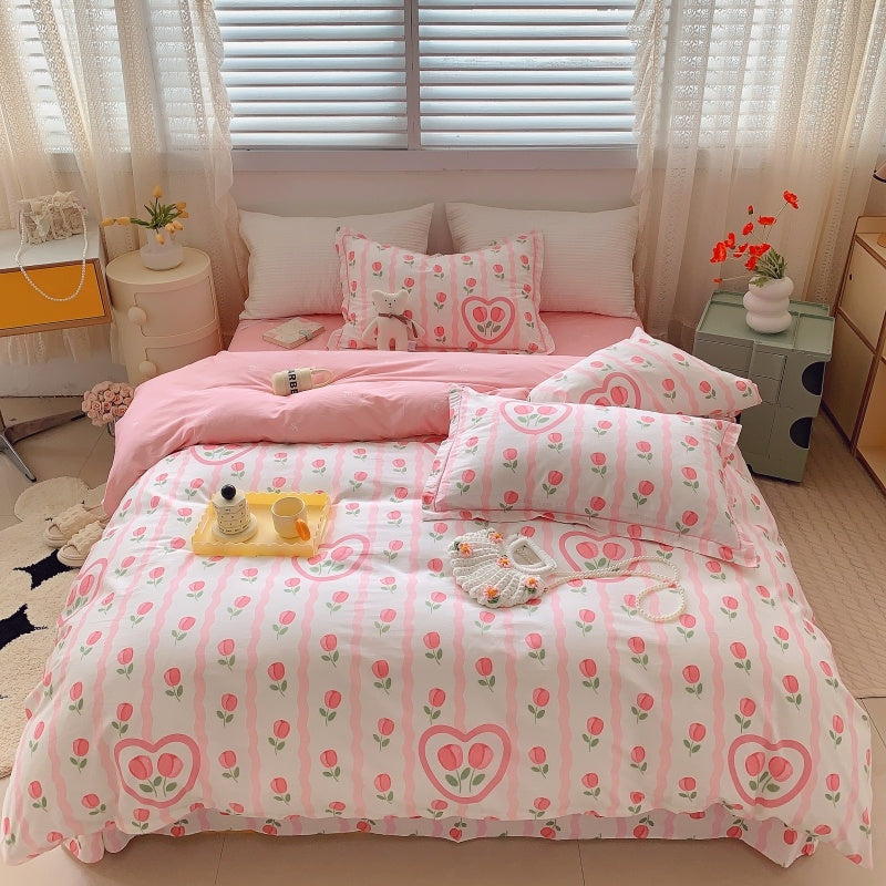 HKM-231315 Cotton Four-Piece Bed Set with Simple Print Design - Duvet Cover, Bed Sheet, and Pillowcases