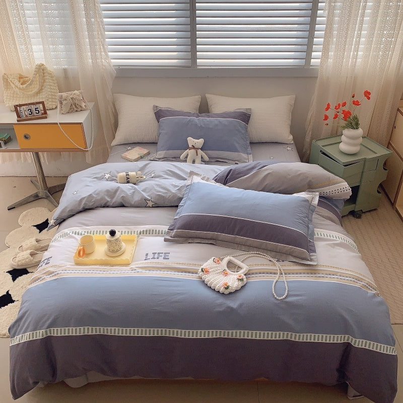 HKM-231315 Cotton Four-Piece Bed Set with Simple Print Design - Duvet Cover, Bed Sheet, and Pillowcases