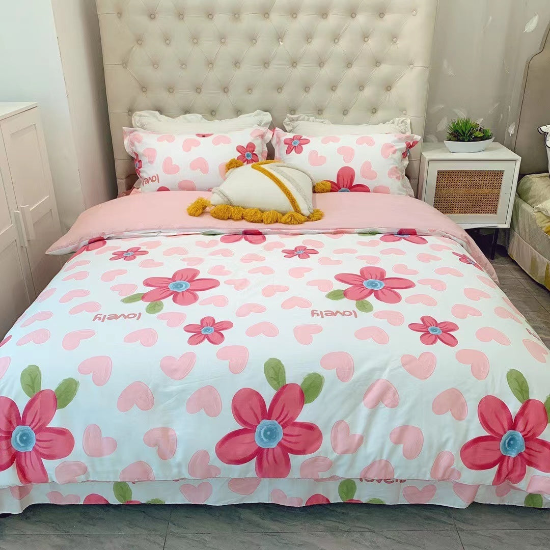 HKM-231315 Cotton Four-Piece Bed Set with Simple Print Design - Duvet Cover, Bed Sheet, and Pillowcases