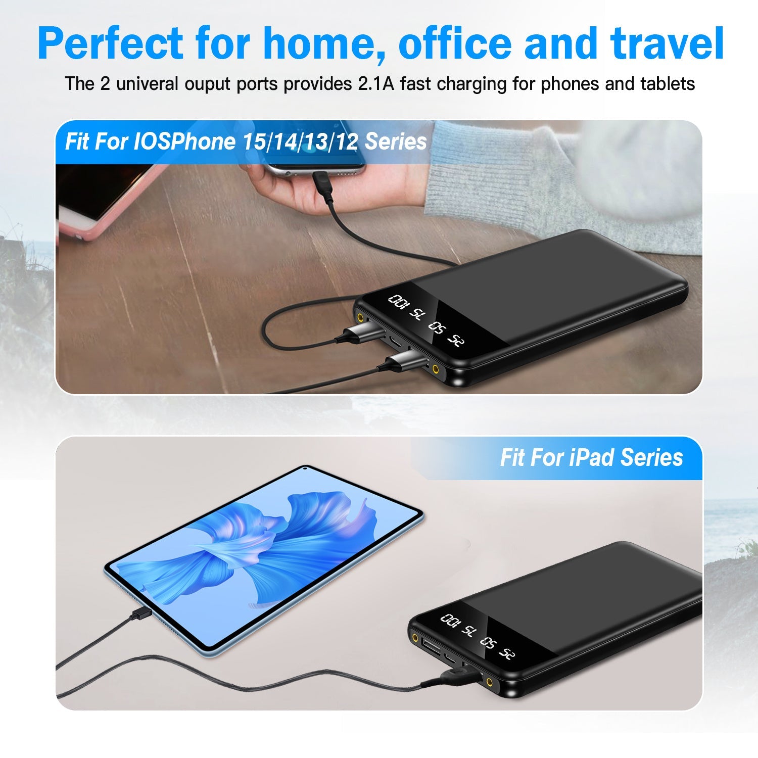 HKM-231507 10,000mAh Ultra Slim Portable Power Bank with Dual USB Outputs, LED Flashlight, and Charging Cable for iPhone 15 and More