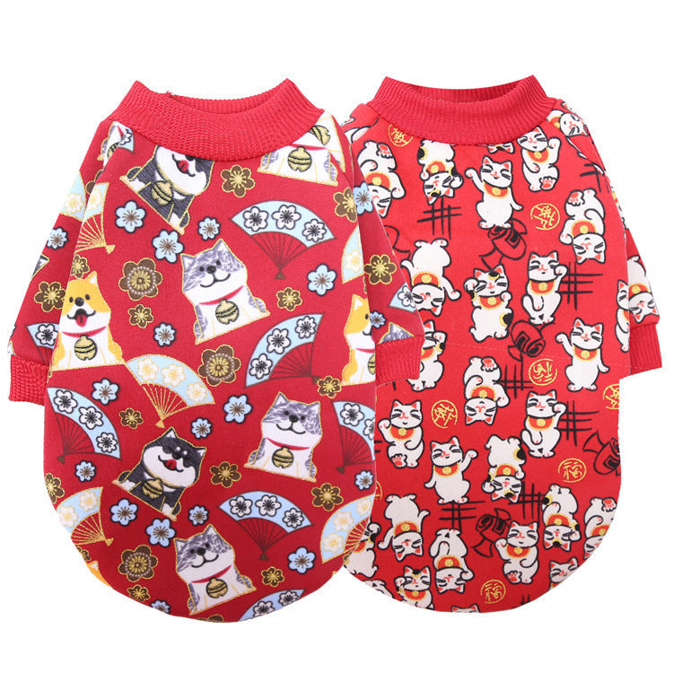 HKM-232147 Thin Fleece New Year's Pet Sweater in Multiple Lucky Cat Designs