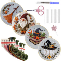 HKM-232595 Halloween and Christmas Embroidery Kit with Bat, Skull, Pumpkin Designs and Bamboo Frame