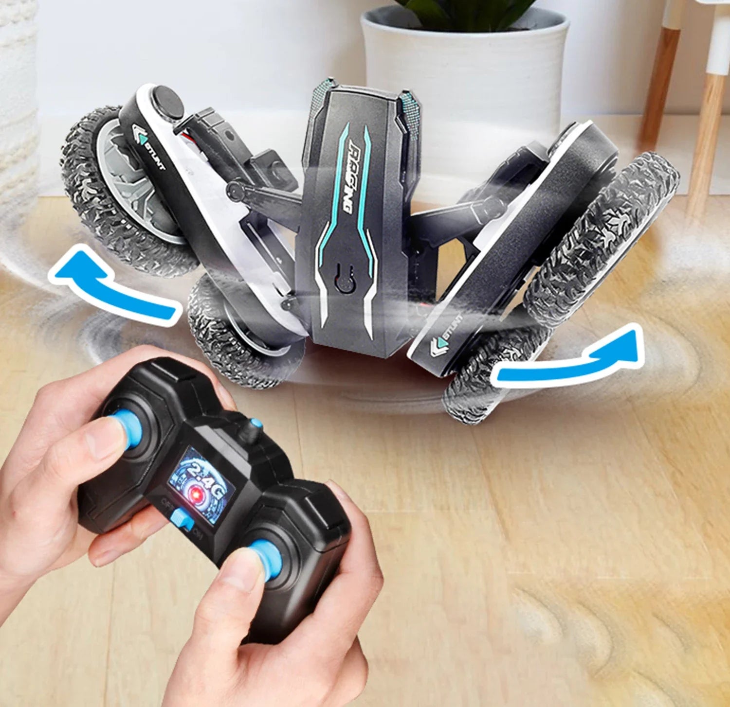 HKM-233043 360° Rotating Remote Control Drift Stunt Car with LED Lights for Ages 6 and Up - 2.4GHz Deformation Vehicle