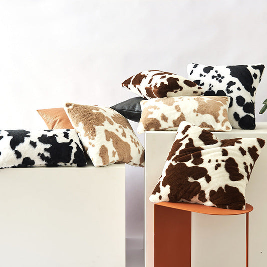 HKM-234003 Double-Sided Cow Flower Plush Pillow Cover - Modern Polyester Design, 50x50cm, 45x45cm, 30x50cm