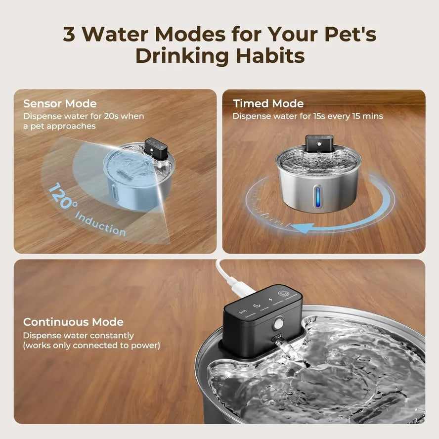KTX-234387 Stainless Steel Automatic Cat Water Fountain - 3.2L/7L Wireless Sensing Pet Dispenser