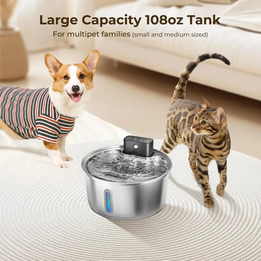 KTX-234387 Stainless Steel Automatic Cat Water Fountain - 3.2L/7L Wireless Sensing Pet Dispenser