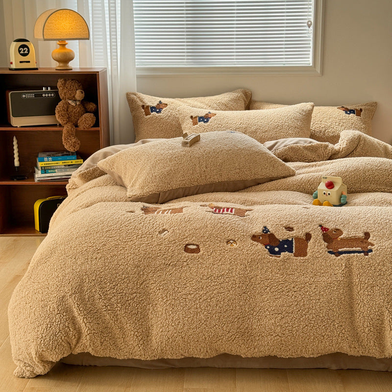 KTX-234579 Cozy Cartoon-Themed Cashmere Winter Bedding Set - Extra Thick, Four-Piece Collection