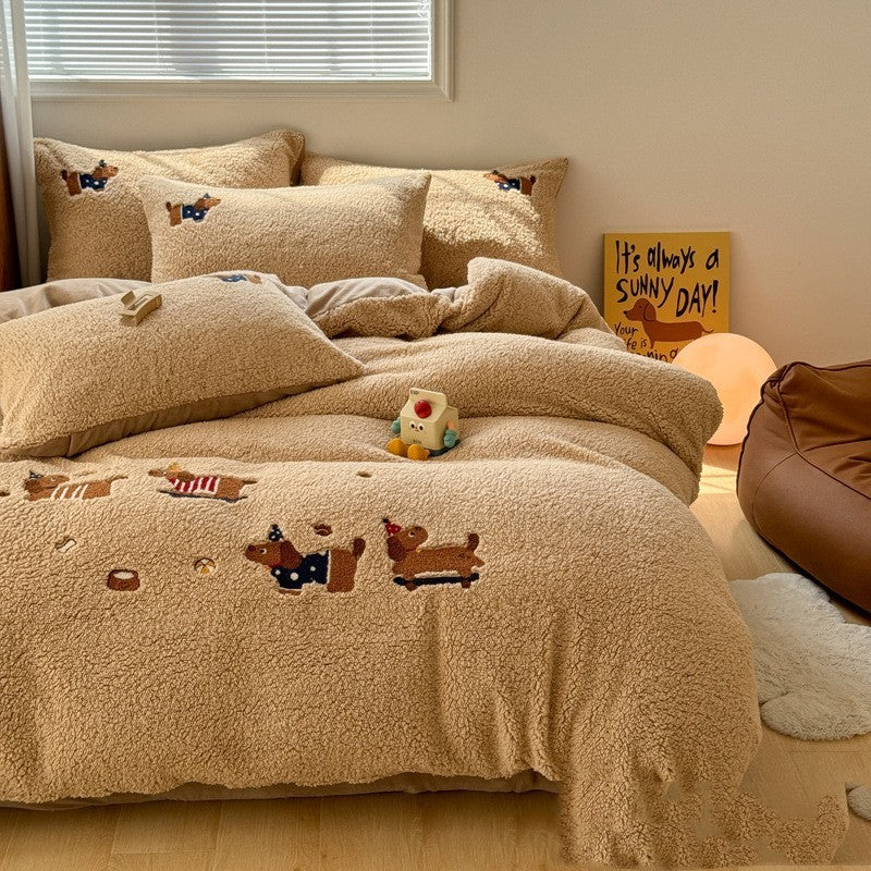 KTX-234579 Cozy Cartoon-Themed Cashmere Winter Bedding Set - Extra Thick, Four-Piece Collection