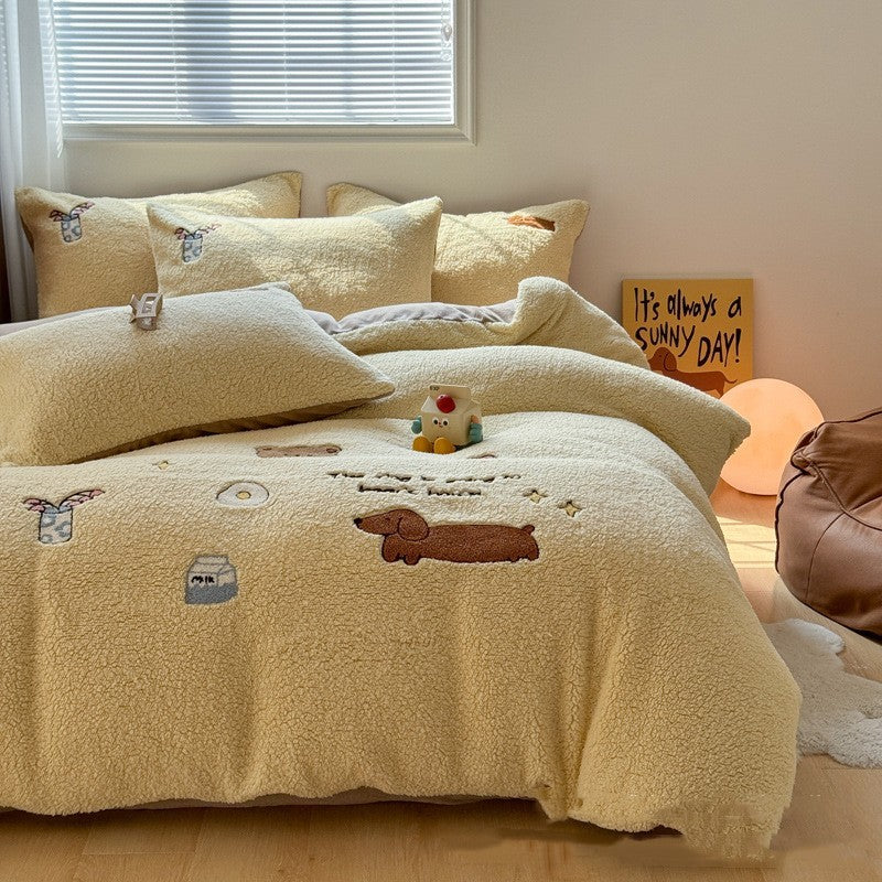 KTX-234579 Cozy Cartoon-Themed Cashmere Winter Bedding Set - Extra Thick, Four-Piece Collection