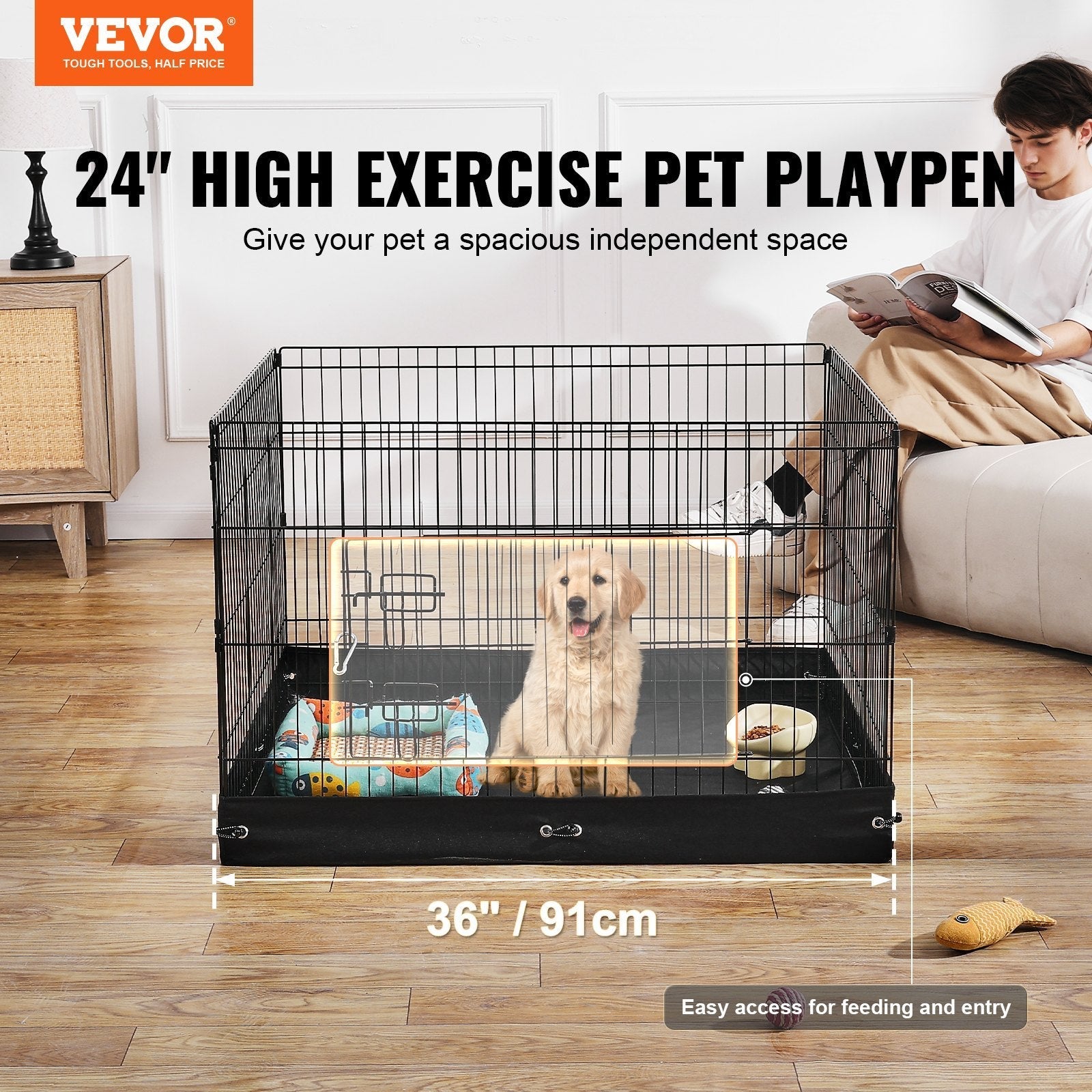 HKM-234963 Foldable 4-Panel Metal Dog Playpen with Waterproof Ground Mat, 36" x 36" for Small Pets