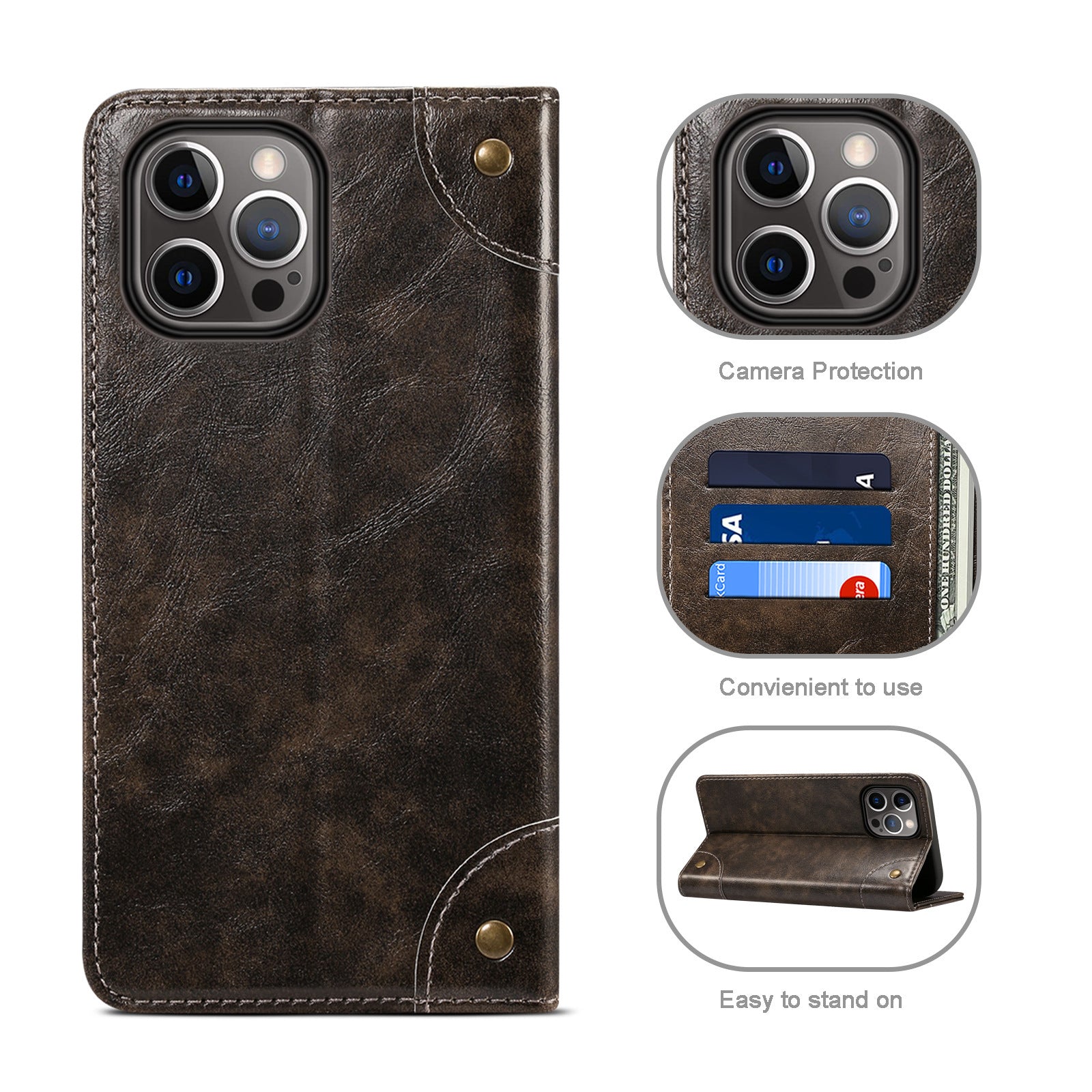 HKM-235027 Stylish Flip Magnetic Card Holder Leather Phone Case for iPhone Models