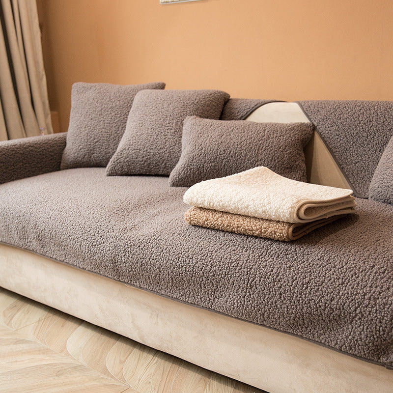 HKM-236307 Thickened Plush Sofa Cover for All-Season Comfort in Solid Colors