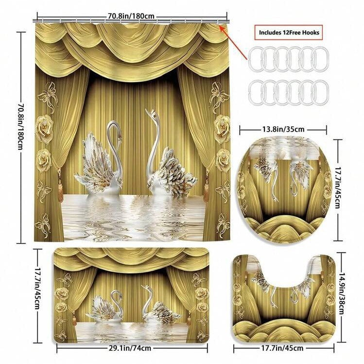 HKM-236627 Waterproof Swan Shower Curtain Set with Bath Mats and U-Shaped Door Mat