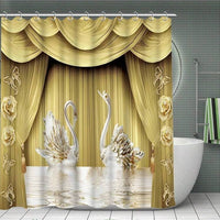 HKM-236627 Waterproof Swan Shower Curtain Set with Bath Mats and U-Shaped Door Mat