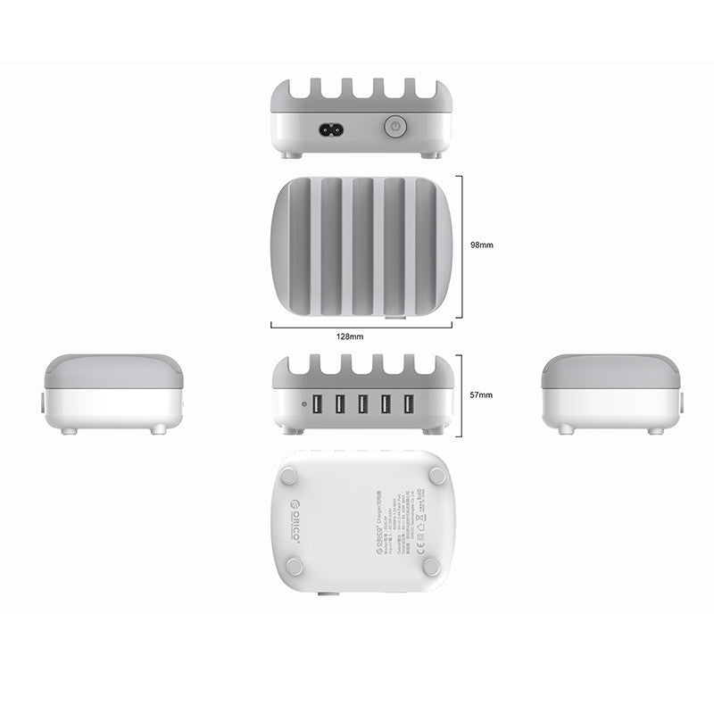 HKM-237267 5-Port USB Charger Station with Intelligent Chip Identification, 40W Power Output, Available in White and Black