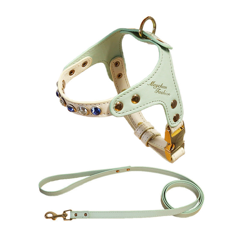 HKM-237267 Diamond Pattern PU Leather Harness for Dogs and Cats - Pink and Green, XS and S Sizes