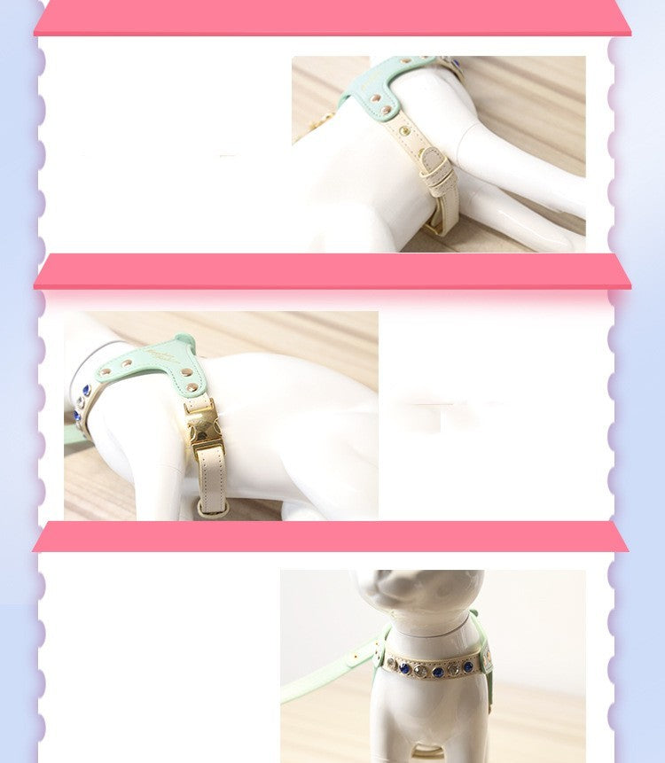 HKM-237267 Diamond Pattern PU Leather Harness for Dogs and Cats - Pink and Green, XS and S Sizes