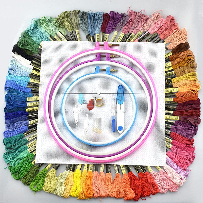HKM-237907 Cross Stitch Thread Set with Bamboo and Plastic Embroidery Circles, Includes 50 or 100 Color Threads, Ideal for Ethnic Style Embroidery