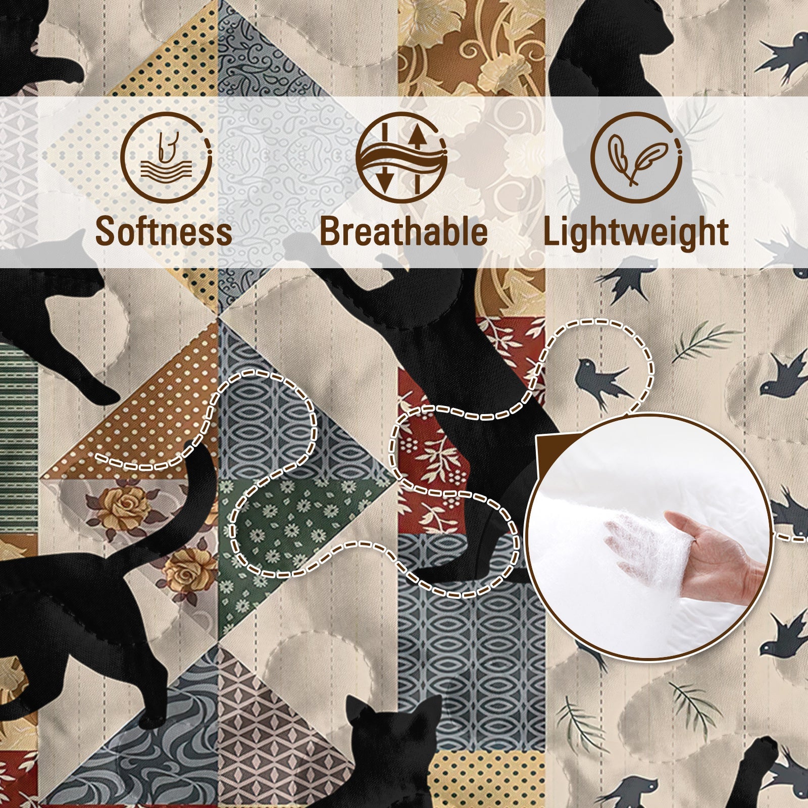 HKM-238227 Black Cat Multi-Posture 3D Quilt Set with 2 Pillow Shams - All Season Bedding for Queen and King Sizes