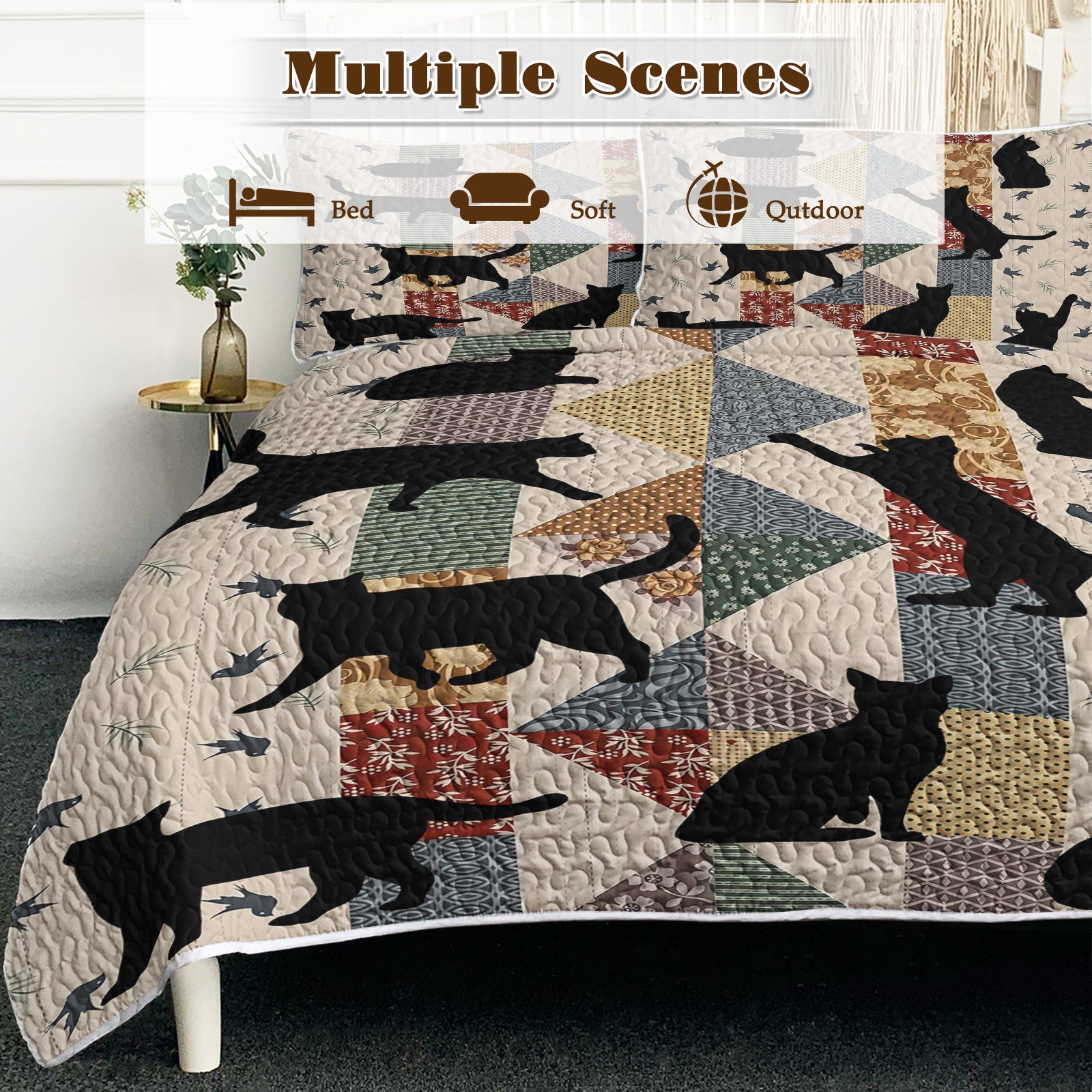 HKM-238227 Black Cat Multi-Posture 3D Quilt Set with 2 Pillow Shams - All Season Bedding for Queen and King Sizes