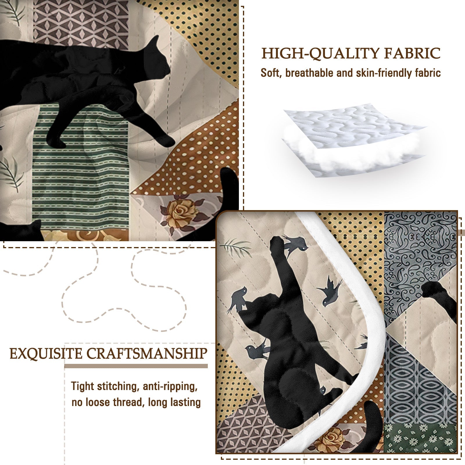 HKM-238227 Black Cat Multi-Posture 3D Quilt Set with 2 Pillow Shams - All Season Bedding for Queen and King Sizes