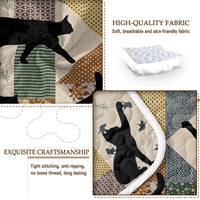 HKM-238227 Black Cat Multi-Posture 3D Quilt Set with 2 Pillow Shams - All Season Bedding for Queen and King Sizes