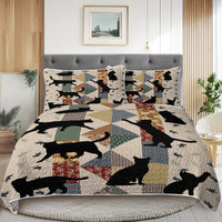 HKM-238227 Black Cat Multi-Posture 3D Quilt Set with 2 Pillow Shams - All Season Bedding for Queen and King Sizes