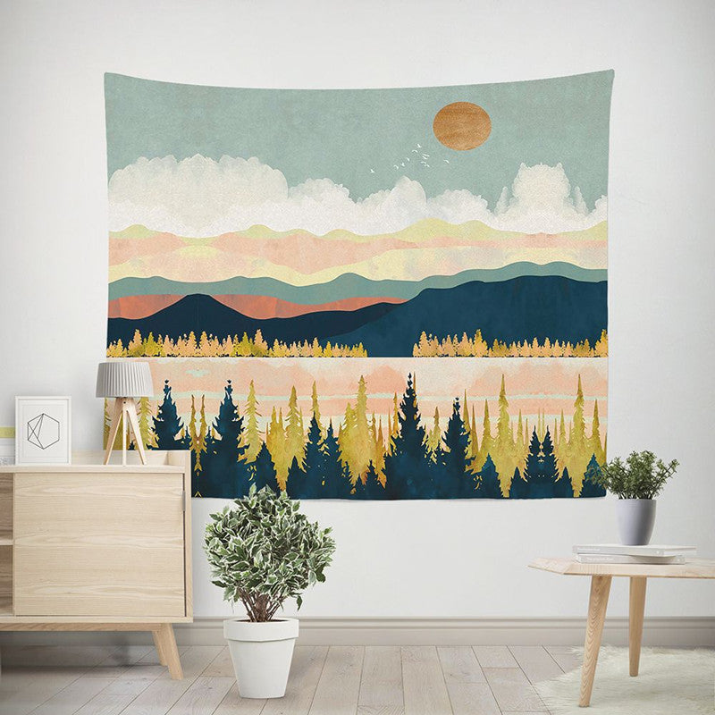 HKM-238291 Nordic Pink Mountain Peak Landscape Printed Tapestry, Machine Washable, Rectangle Shape, Soft Peach Skin and Flannel Options